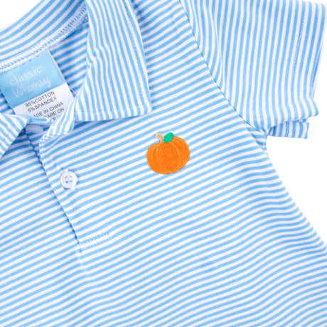 Pumpkin Embroidered Blue Stripe Polo Romper