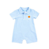 Pumpkin Embroidered Blue Stripe Polo Romper
