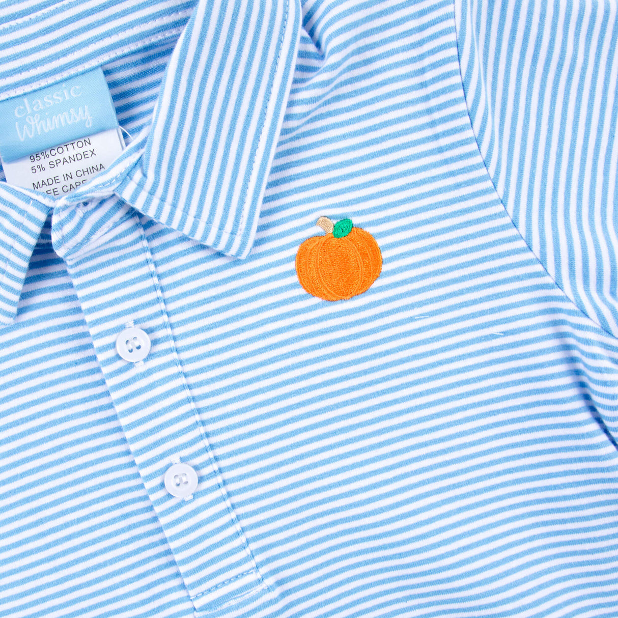 Pumpkin Embroidered Blue Stripe Polo