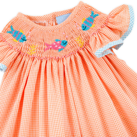 Fish Smocked Orange Micro Gingham Bloomer Set