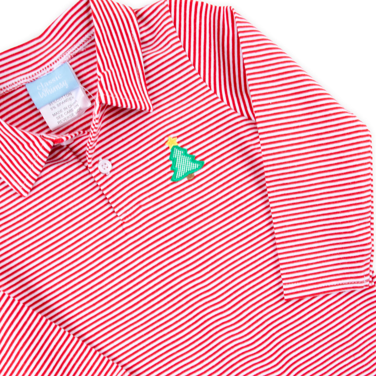 Christmas Tree Red Stripe Polo Romper