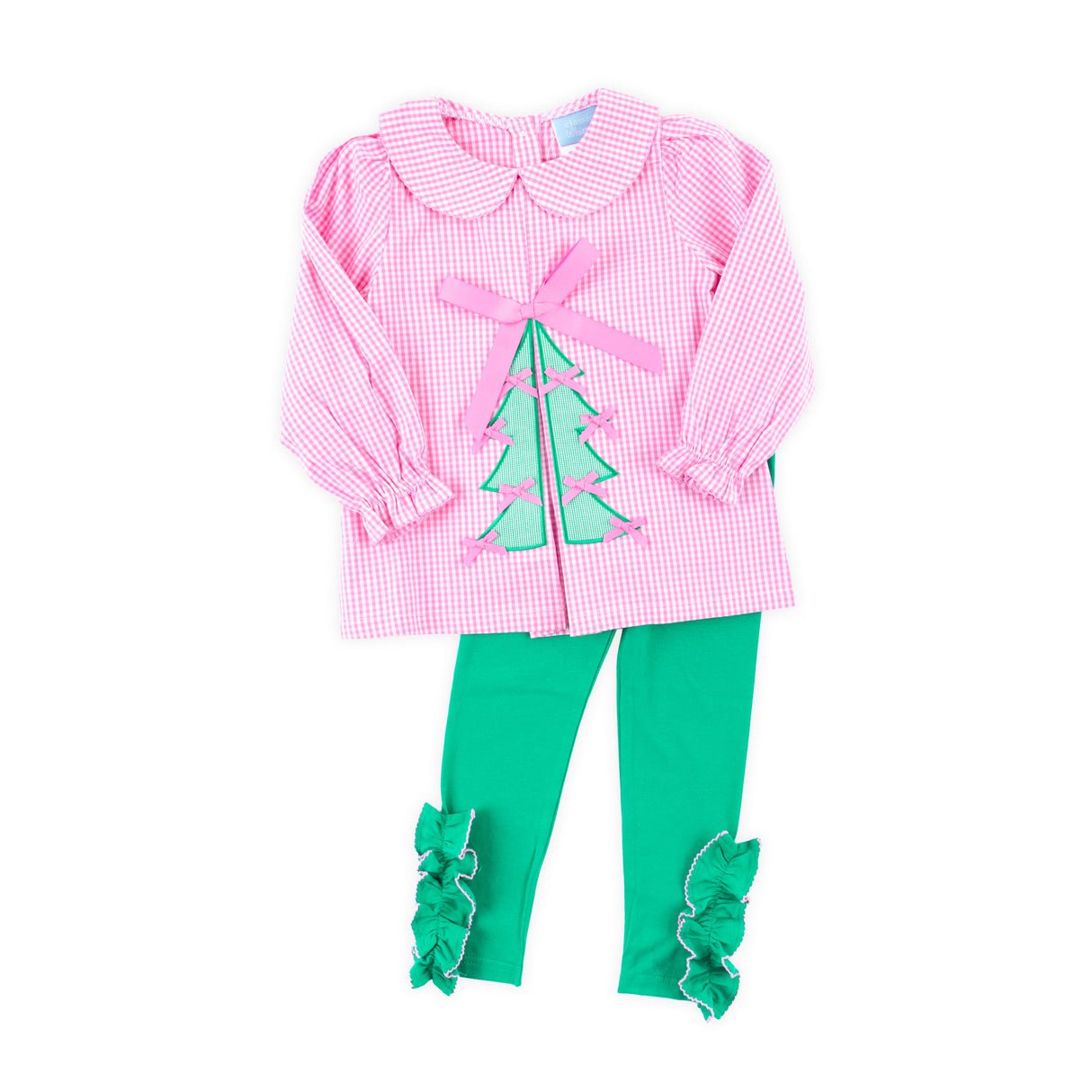 Christmas Tree Bows Pink Gingham Front Pleat Legging Set