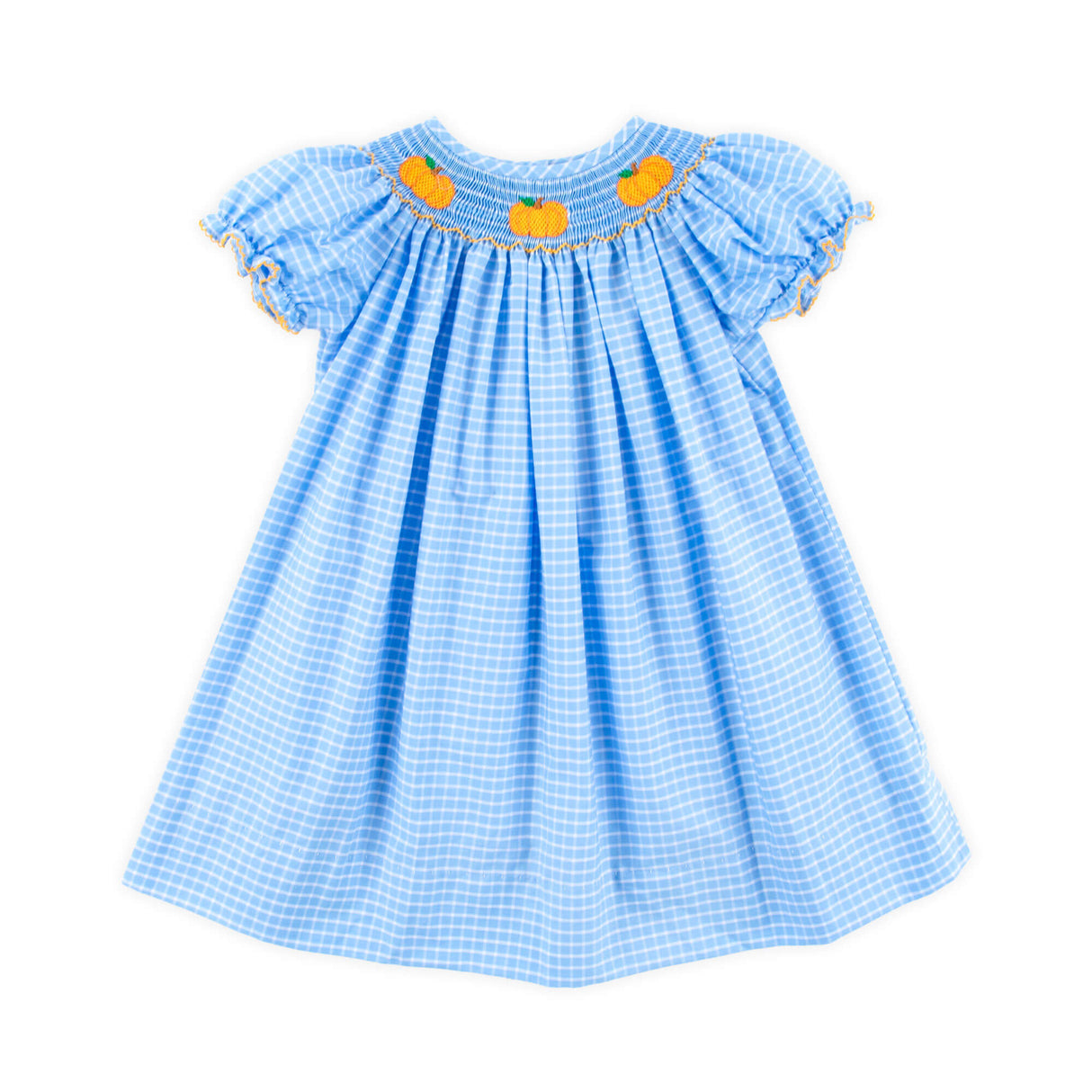 Pumpkin Trio Smocked French Blue Windowpane Bishop Dress