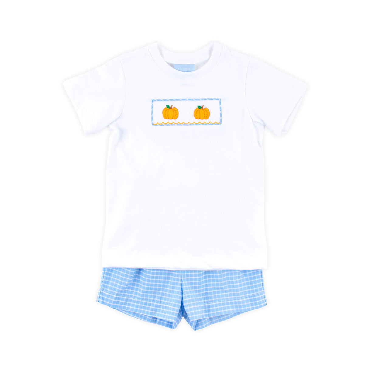 Pumpkin Trio Smocked French Blue Windowpane Short Set