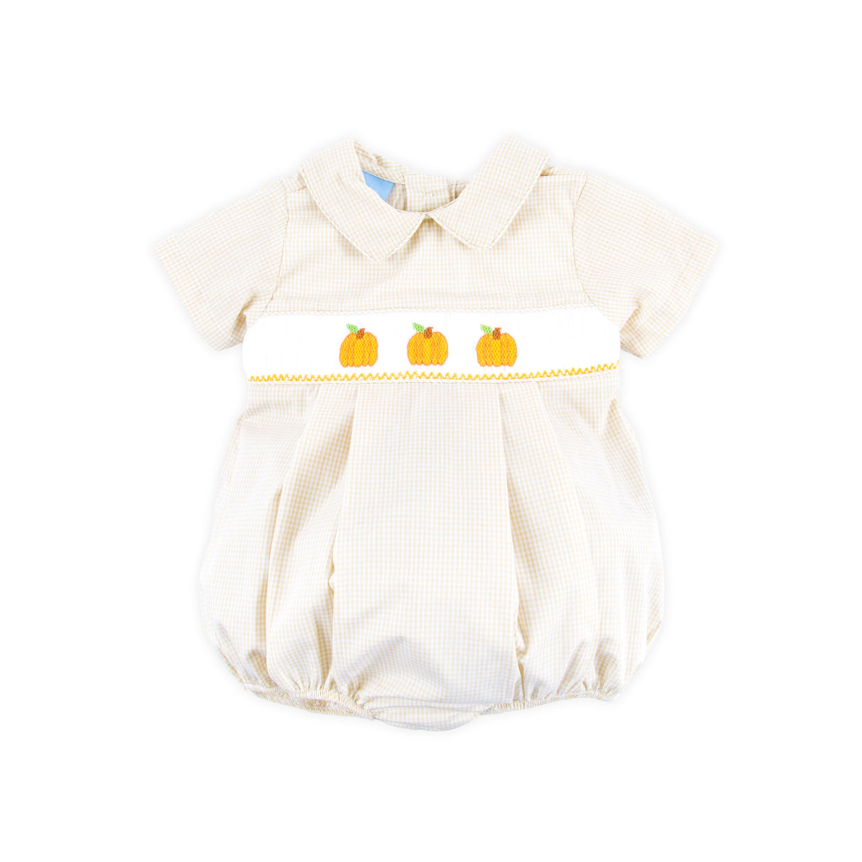 Autumn Pumpkin Smocked Tan Gingham Collared Bubble