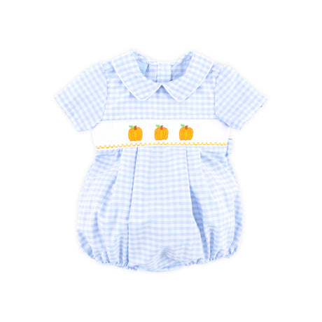 Pumpkin Trio Smocked Blue Check Collared Bubble