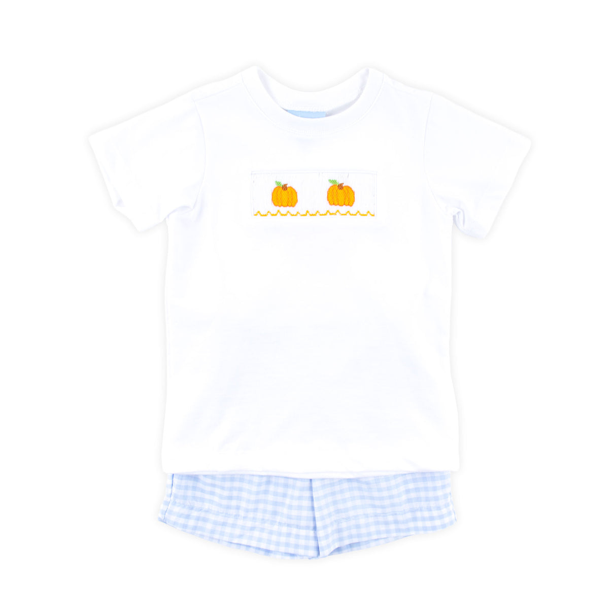 Pumpkin Trio Smocked Blue Check Short Set