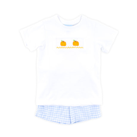 Pumpkin Trio Smocked Blue Check Short Set