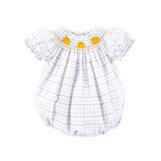 PUMPKIN SMOCKED BLUE & TAN PLAID BISHOP BUBBLE