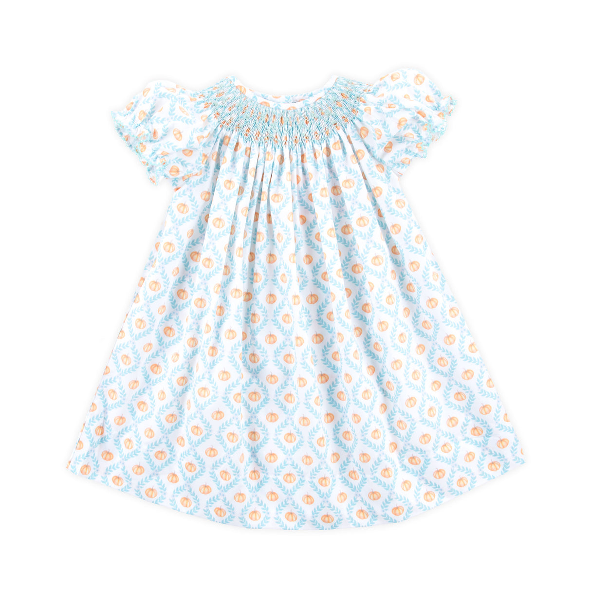 Pumpkin Trellis Smocked Blue Bishop Dress