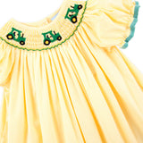 Tractor Smocked Yellow Gingham Bishop Dress