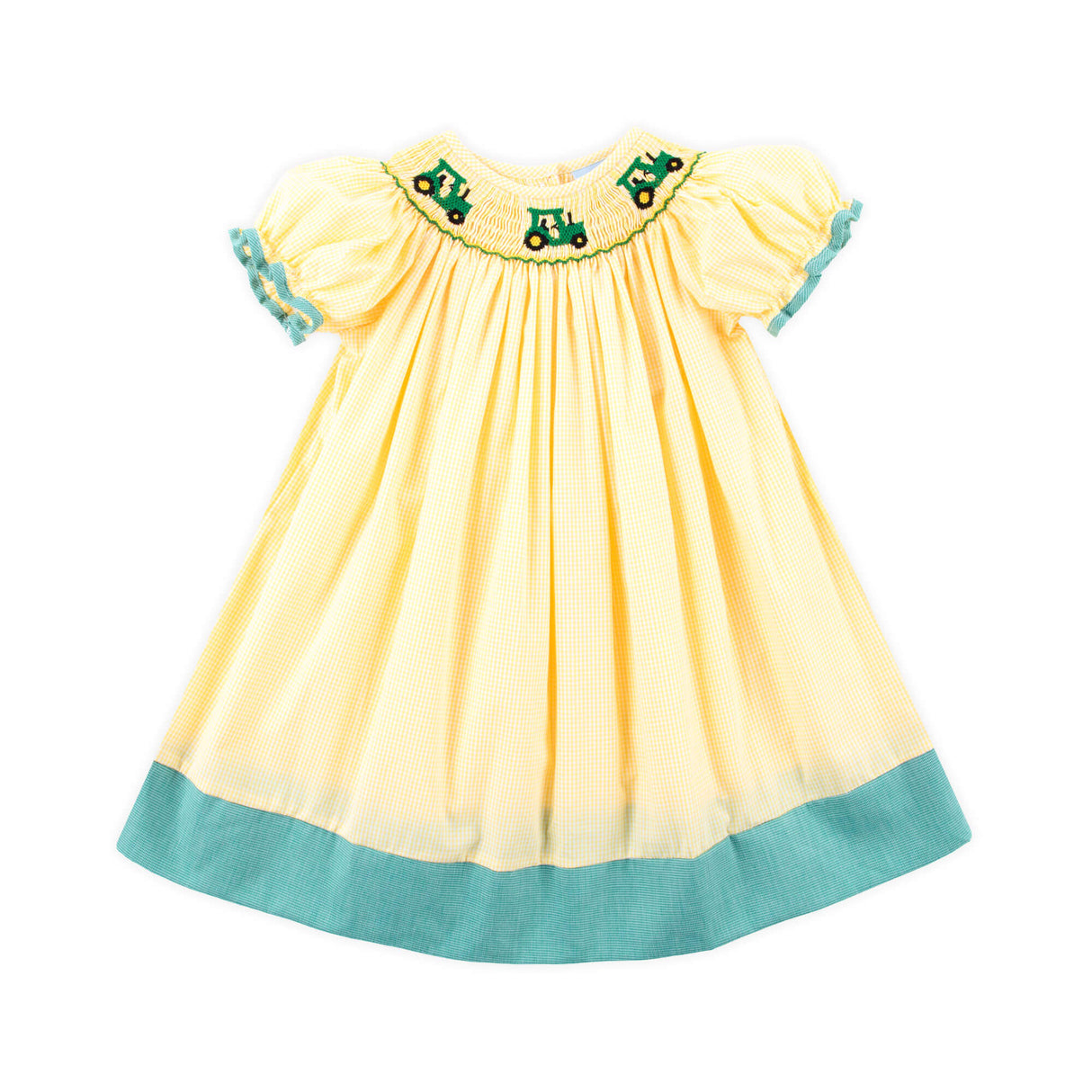 Tractor Smocked Yellow Gingham Bishop Dress