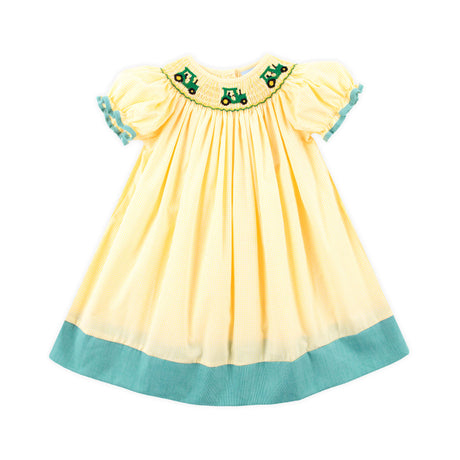 Tractor Smocked Yellow Gingham Bishop Dress