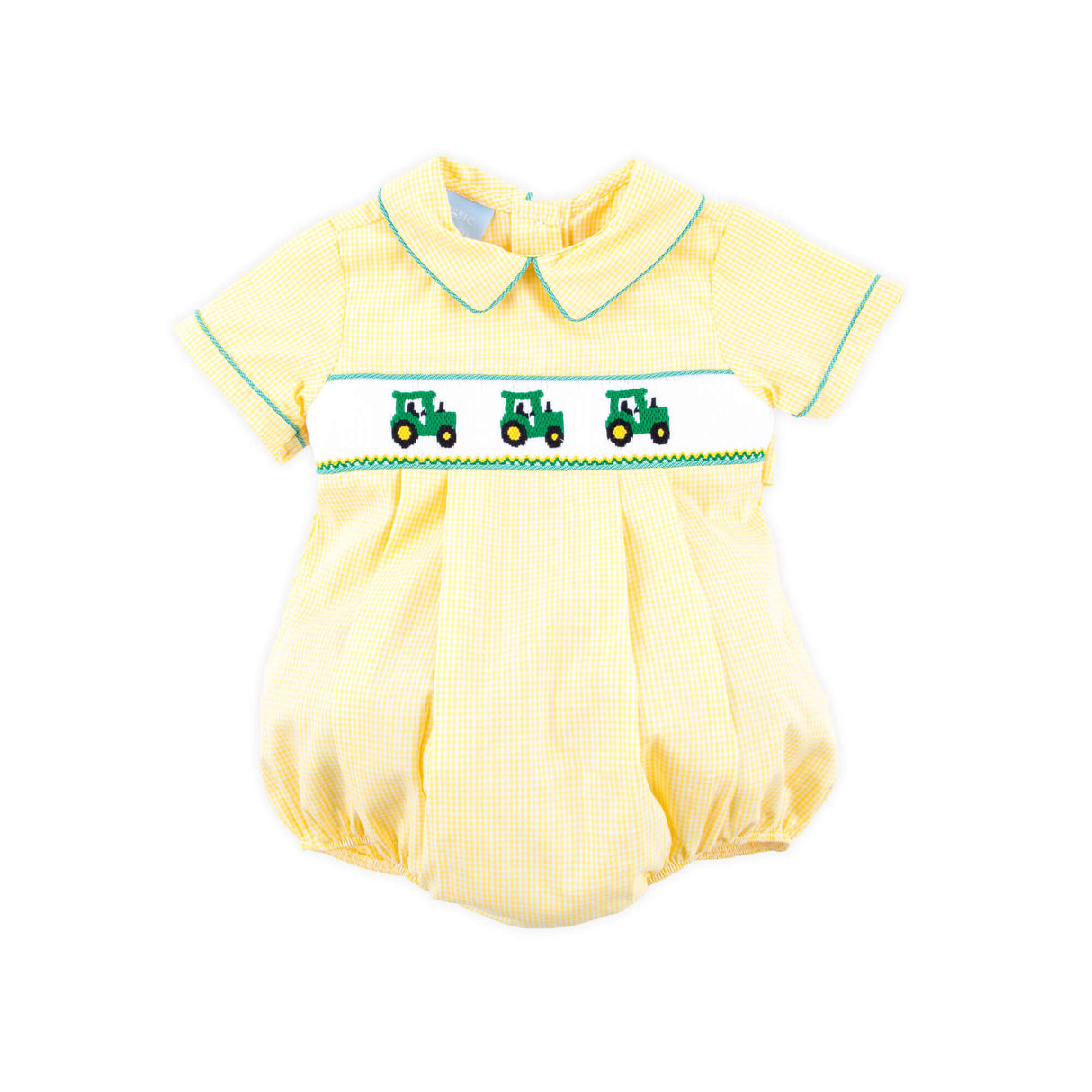 Tractor Smocked Yellow Gingham Collared Bubble