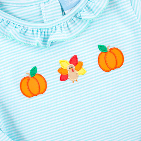 Sweet Turkey Embroidered Blue Stripe Ruffle Top