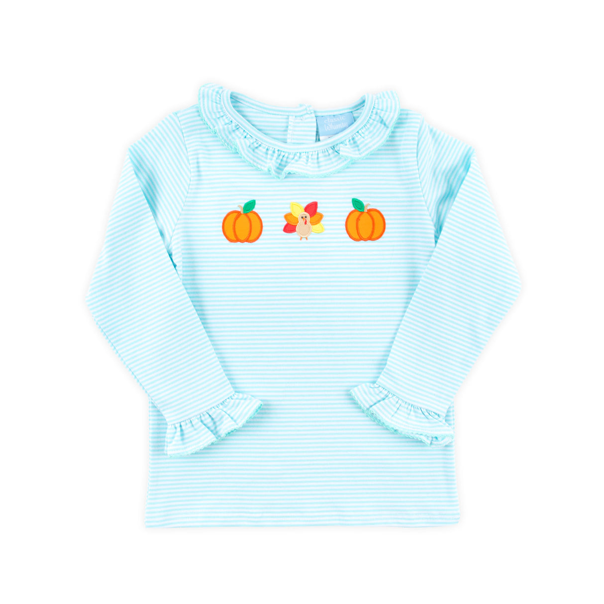 Sweet Turkey Embroidered Blue Stripe Ruffle Top