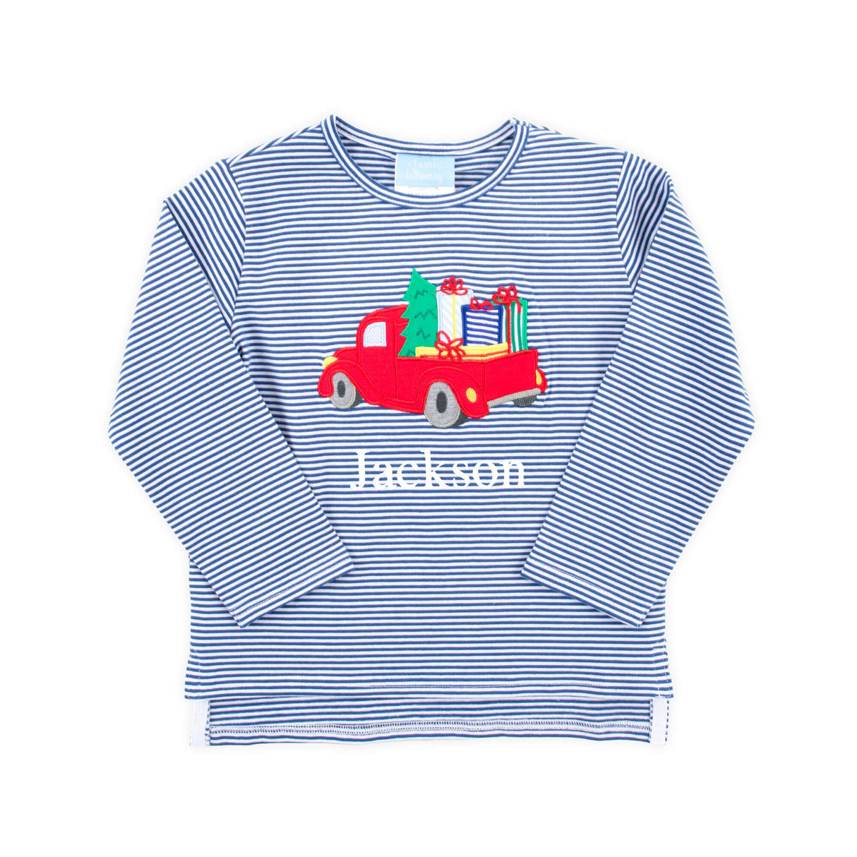 Christmas Truck Blue Stripe Long Sleeve Shirt