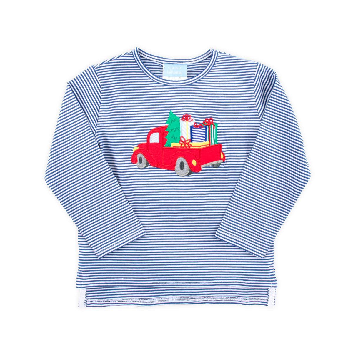 Christmas Truck Blue Stripe Long Sleeve Shirt