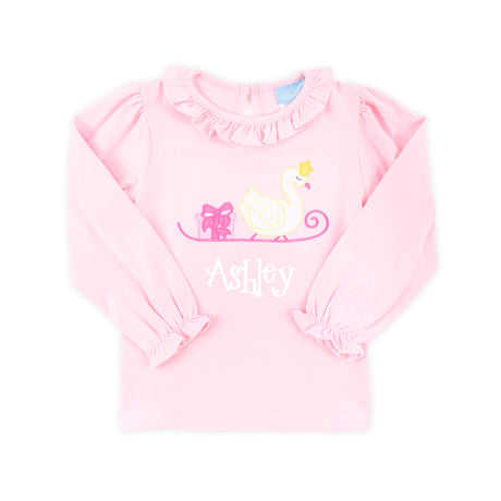Christmas Swan Pink Long Sleeve Ruffle Top
