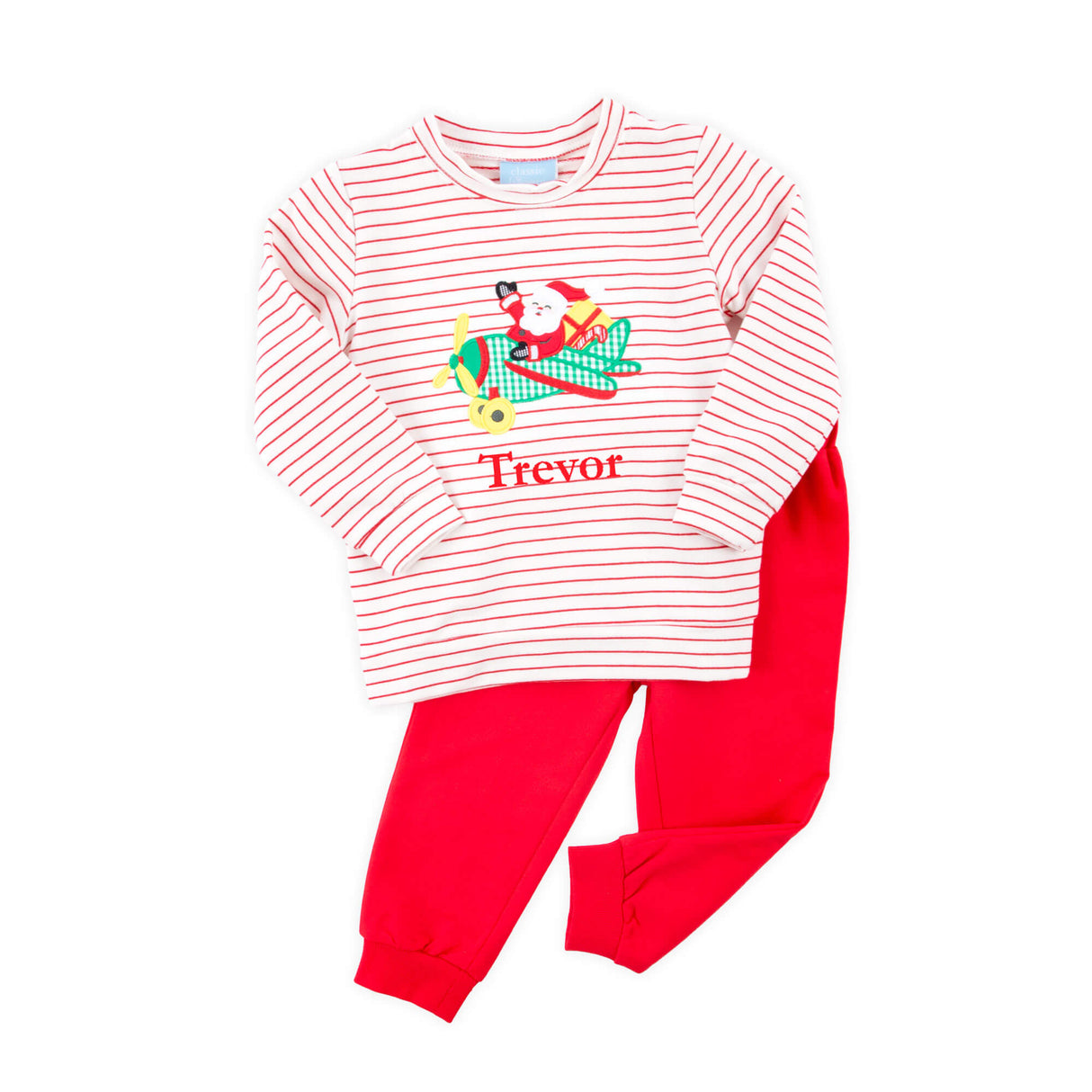 Santa's Airplane Red Stripe Jogger Set