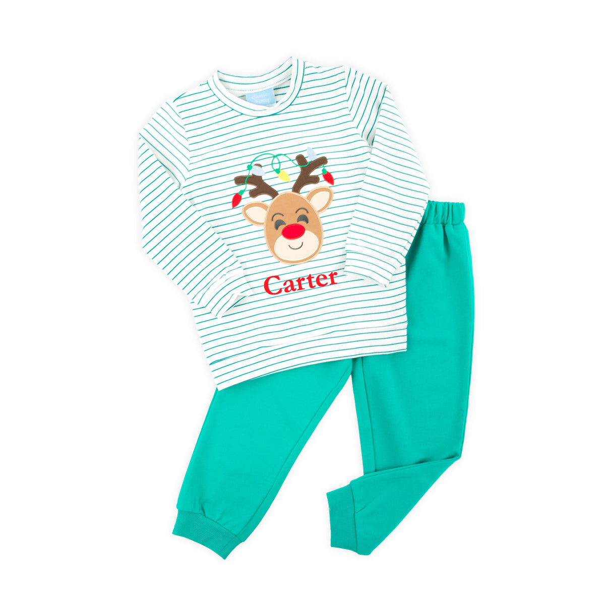 Reindeer Lights Green Stripe Jogger Set