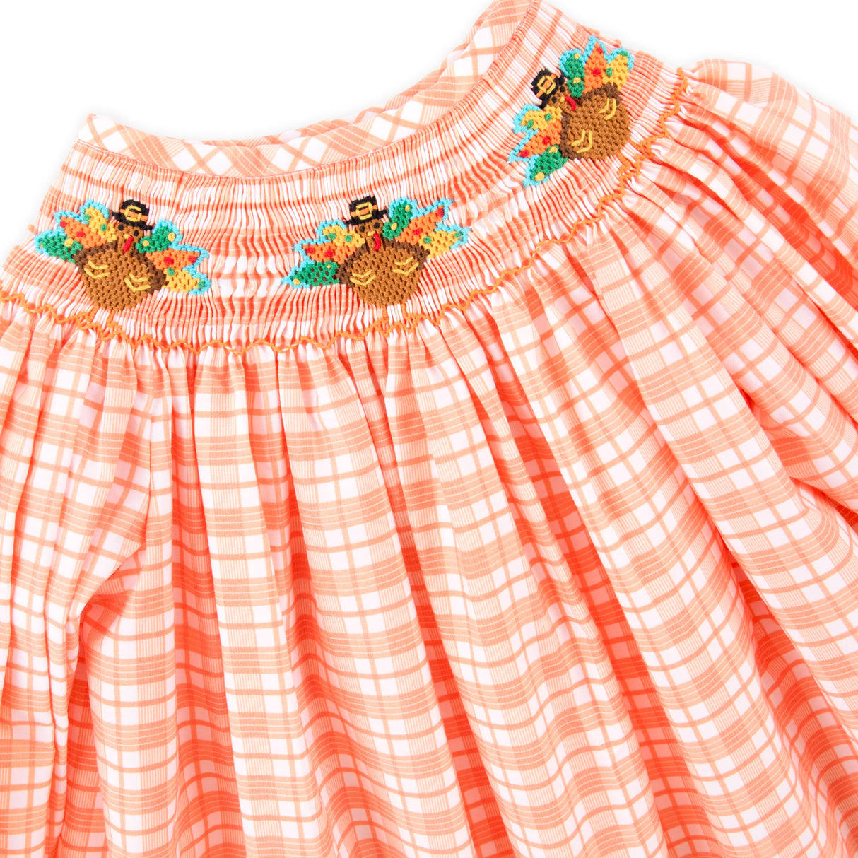 Pilgrim Turkey Smocked Orange Plaid Long Sleeve Bishop Dress