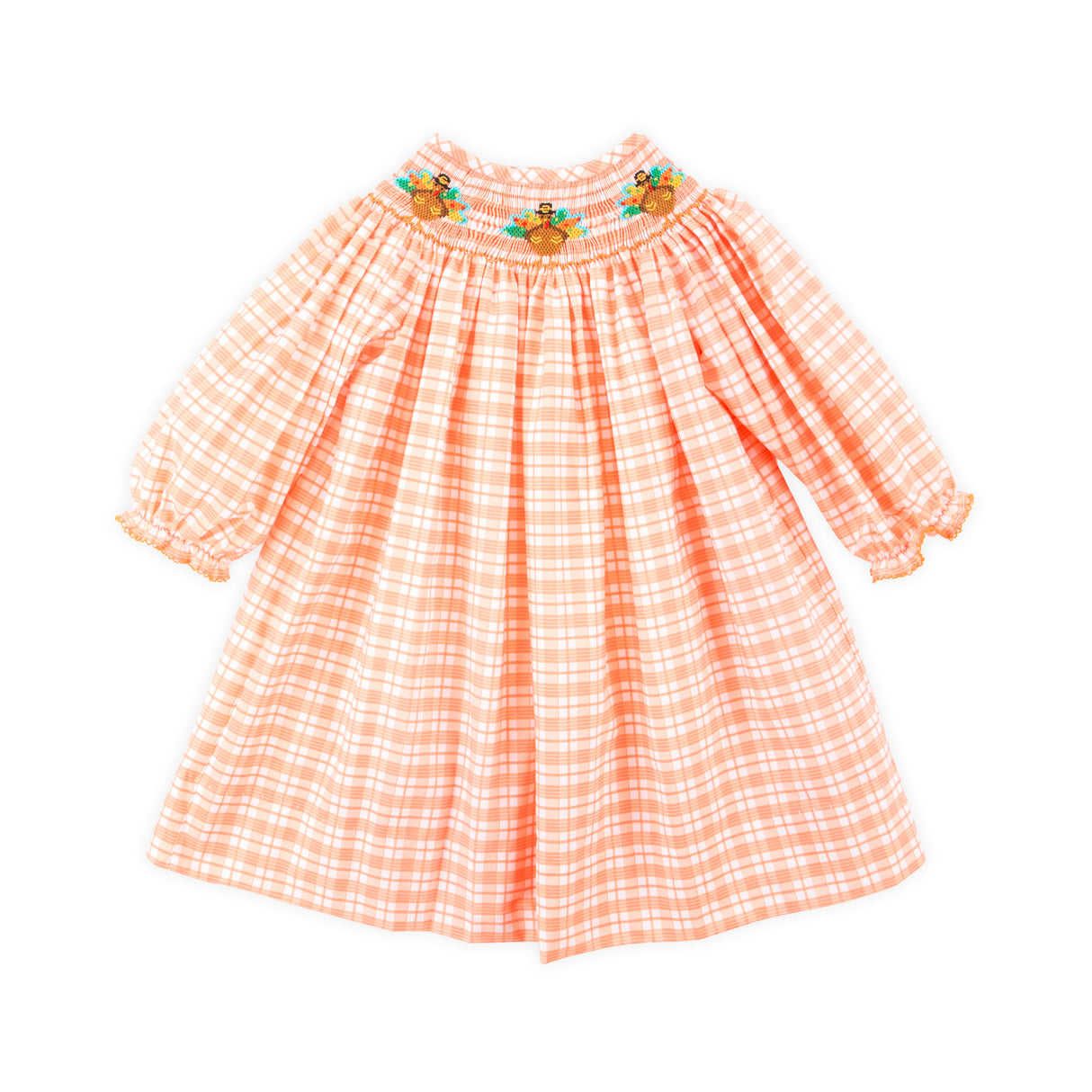 Pilgrim Turkey Smocked Orange Plaid Long Sleeve Bishop Dress