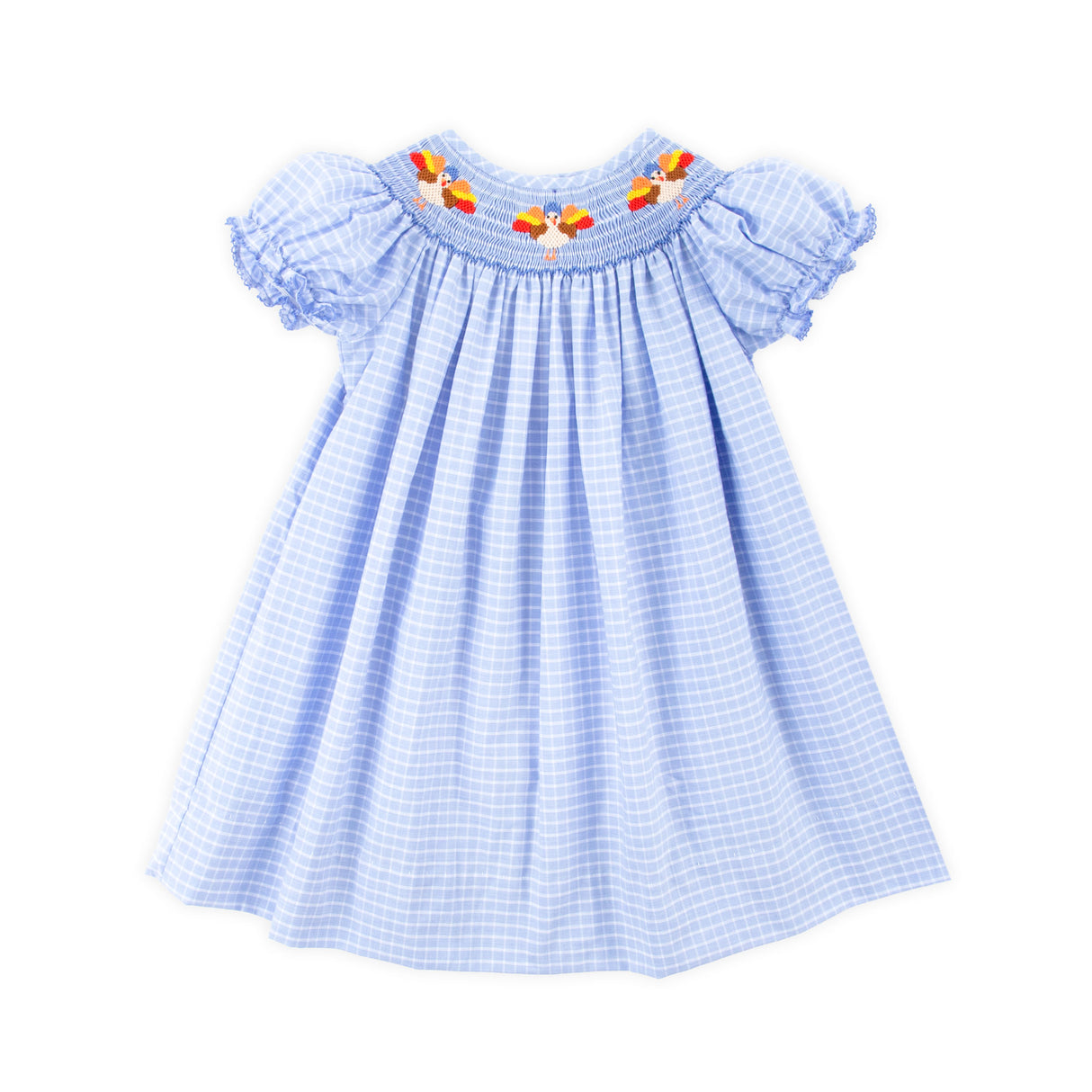 Gobblin' Along Smocked Blue Windowpane Bishop Dress