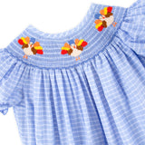 Gobblin' Along Smocked Blue Windowpane Bishop Long Bubble