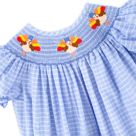 Gobblin' Along Smocked Blue Windowpane Bishop Long Bubble