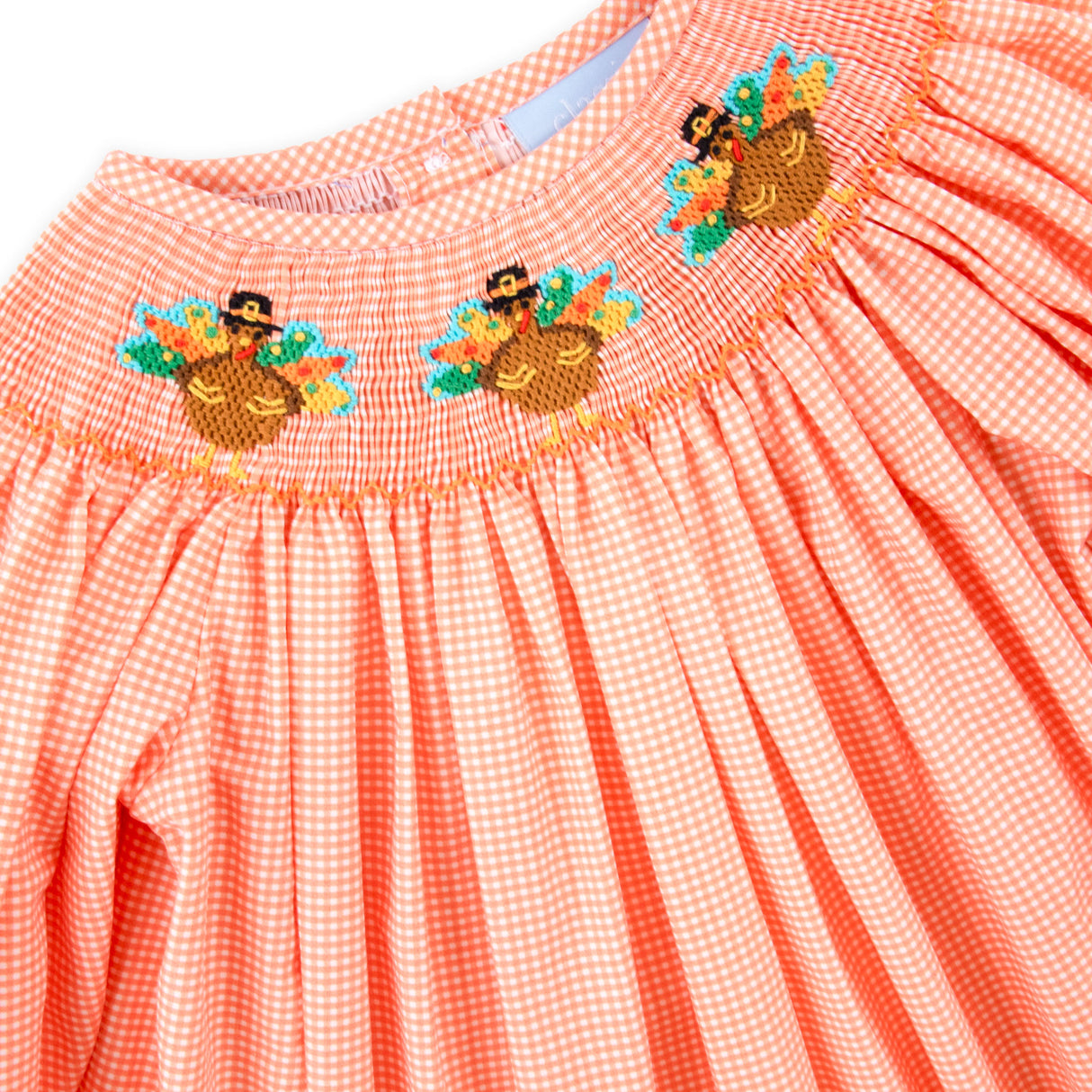 Gobble Up Smocked Orange Micro Gingham Long Sleeve Bishop Dress