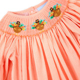 Gobble Up Smocked Orange Micro Gingham Long Sleeve Bishop Dress
