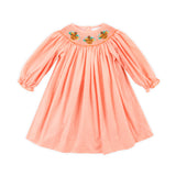 Gobble Up Smocked Orange Micro Gingham Long Sleeve Bishop Dress