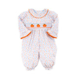 Pumpkin Smocked Blue Floral Long Sleeve Bishop Long Bubble
