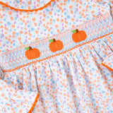Pumpkin Smocked Blue Floral Long Sleeve Bishop Long Bubble