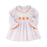 Pumpkin Smocked Blue Floral Ruffle Collared Dress