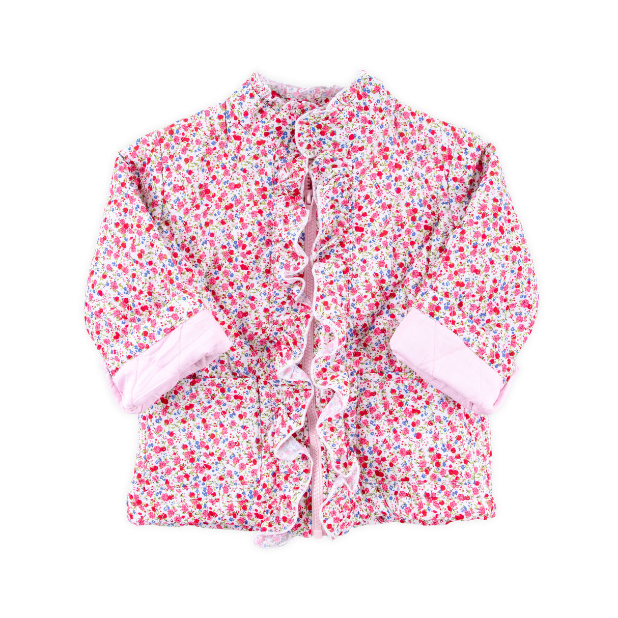 Pink Floral Quilted Ruffle Coat