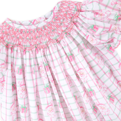Santa's Present Pink Plaid Smocked Bishop Bubble