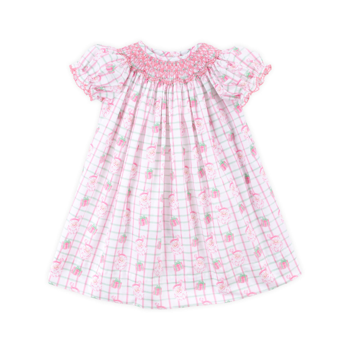 Santa's Present Pink Plaid Smocked Bishop Dress