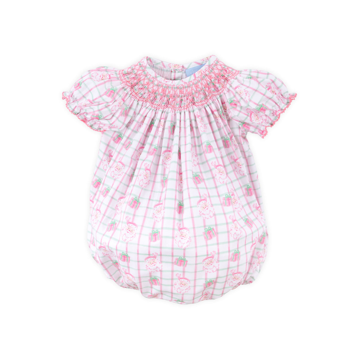 Santa's Present Pink Plaid Smocked Bishop Bubble
