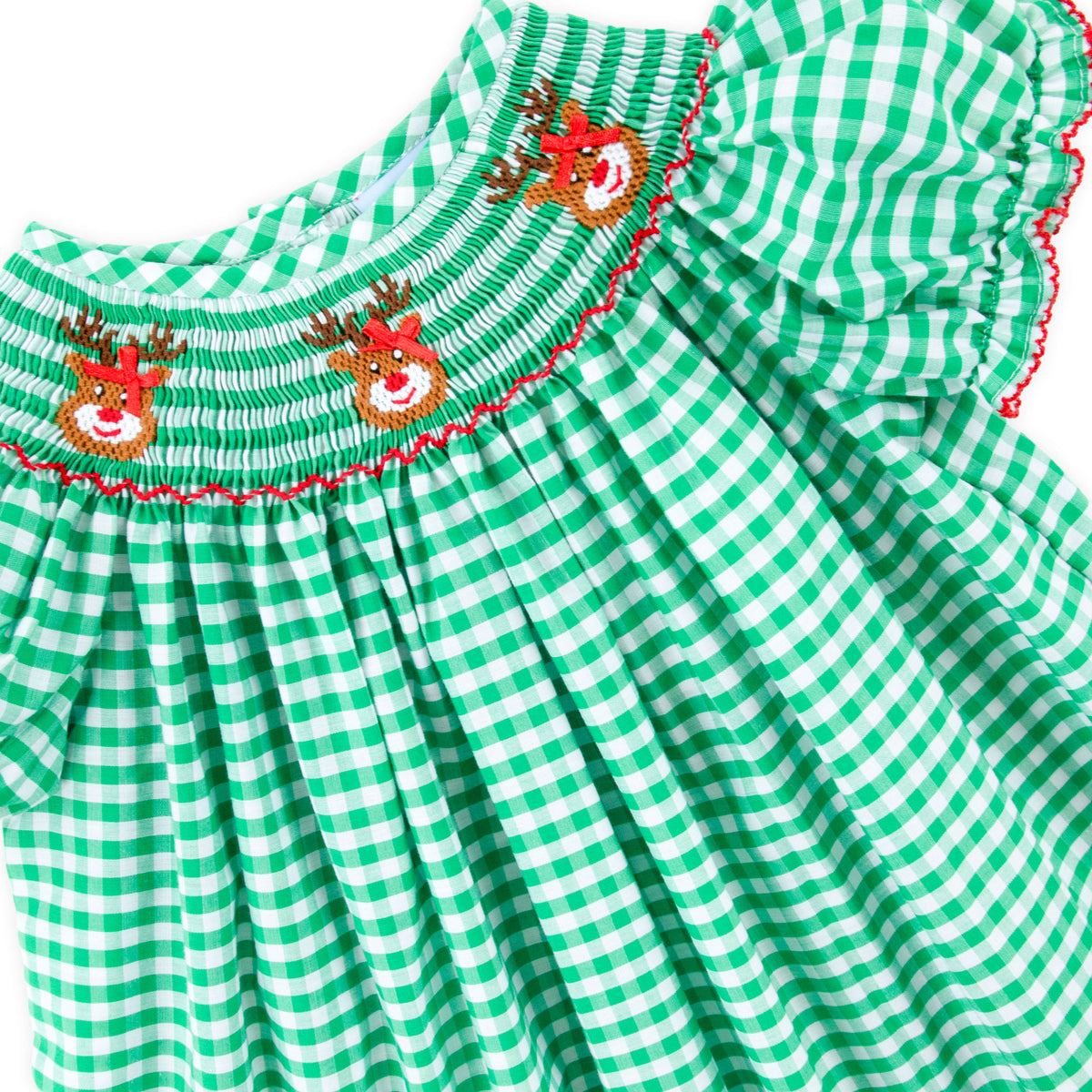 Reindeer Smocked Green Gingham Bishop Dress
