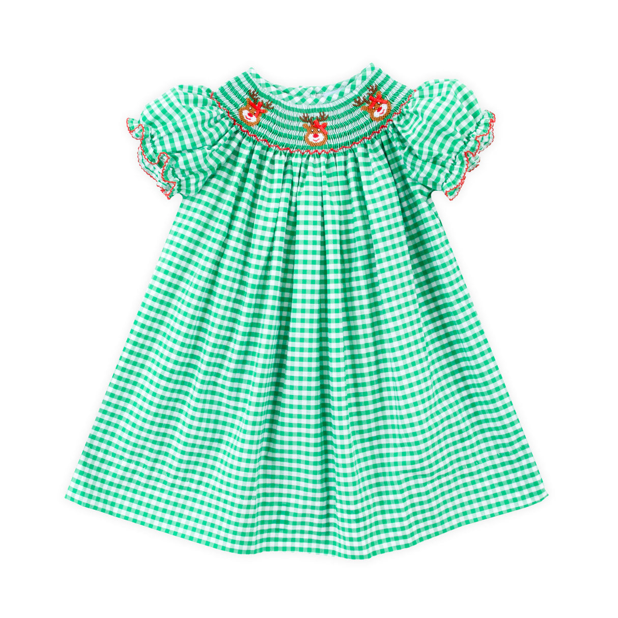 Reindeer Smocked Green Gingham Bishop Dress