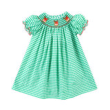 Reindeer Smocked Green Gingham Bishop Dress
