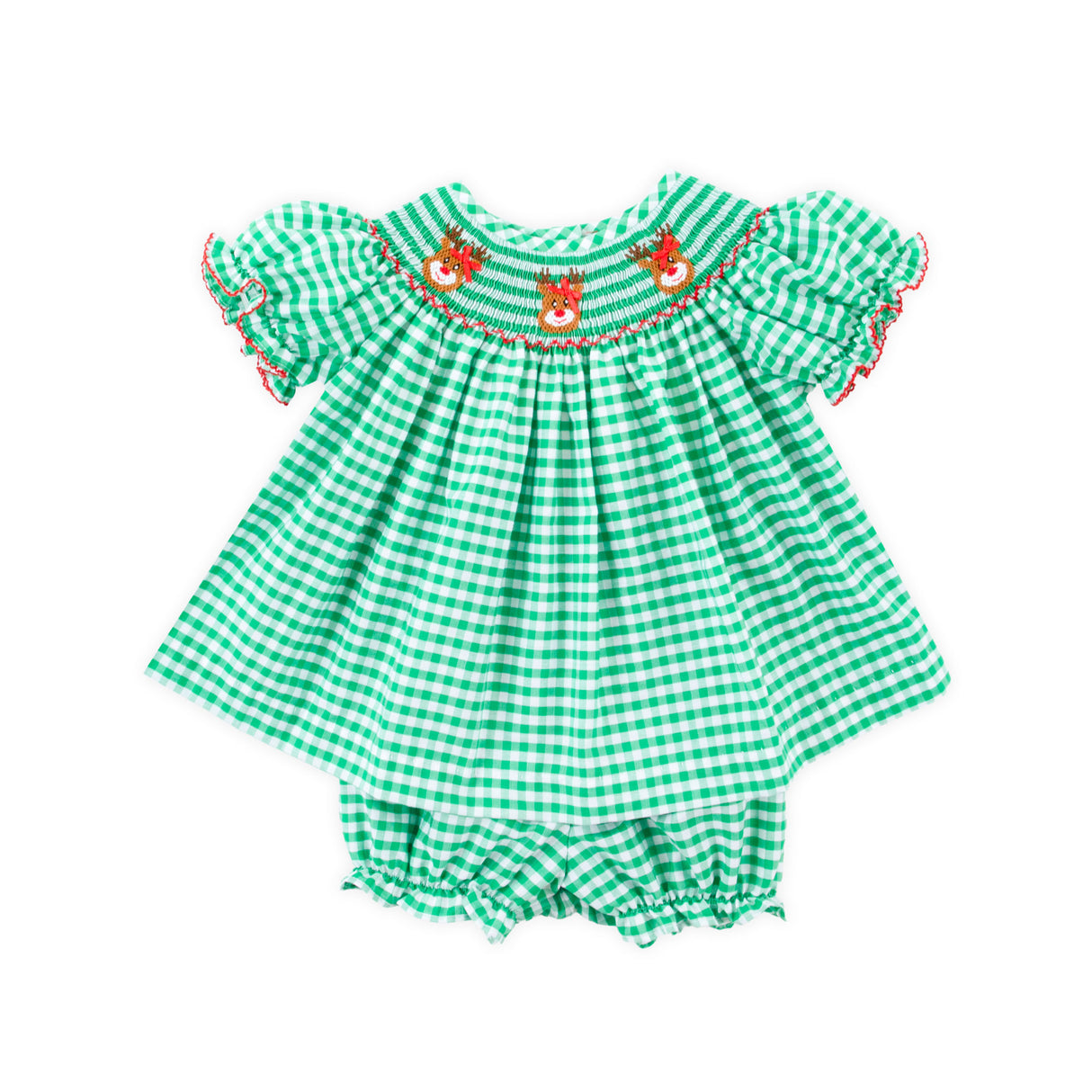 Reindeer Smocked Green Gingham Bishop Bloomer Set