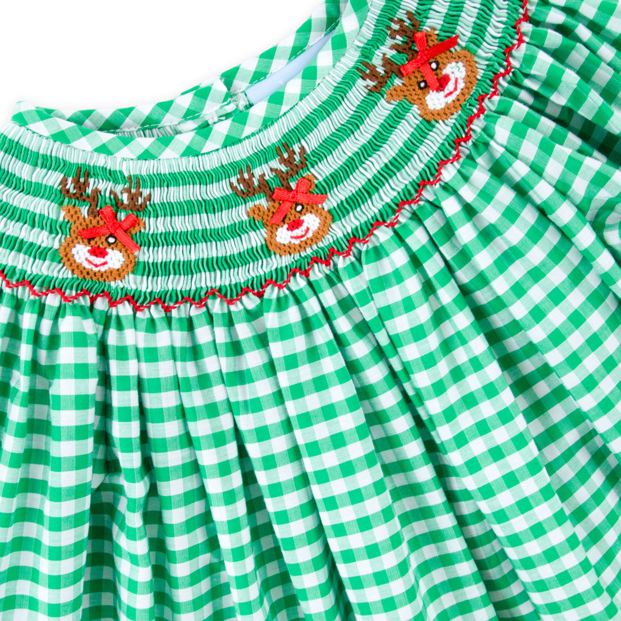 Reindeer Smocked Green Gingham Bishop Long Sleeve Dress