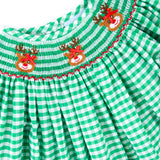 Reindeer Smocked Green Gingham Bishop Long Sleeve Dress