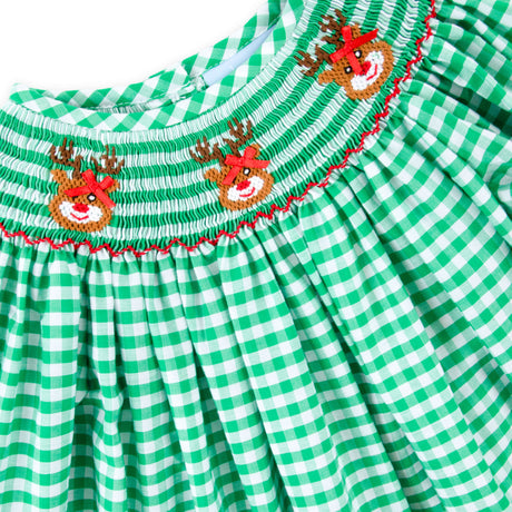 Reindeer Smocked Green Gingham Bishop Long Sleeve Dress