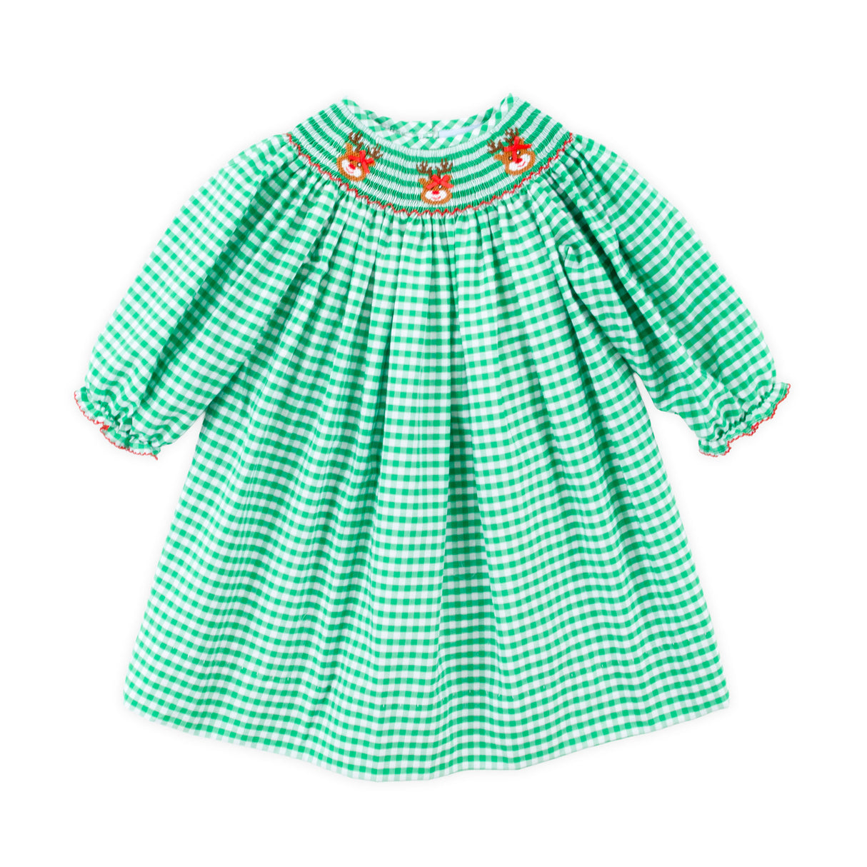Reindeer Smocked Green Gingham Bishop Long Sleeve Dress