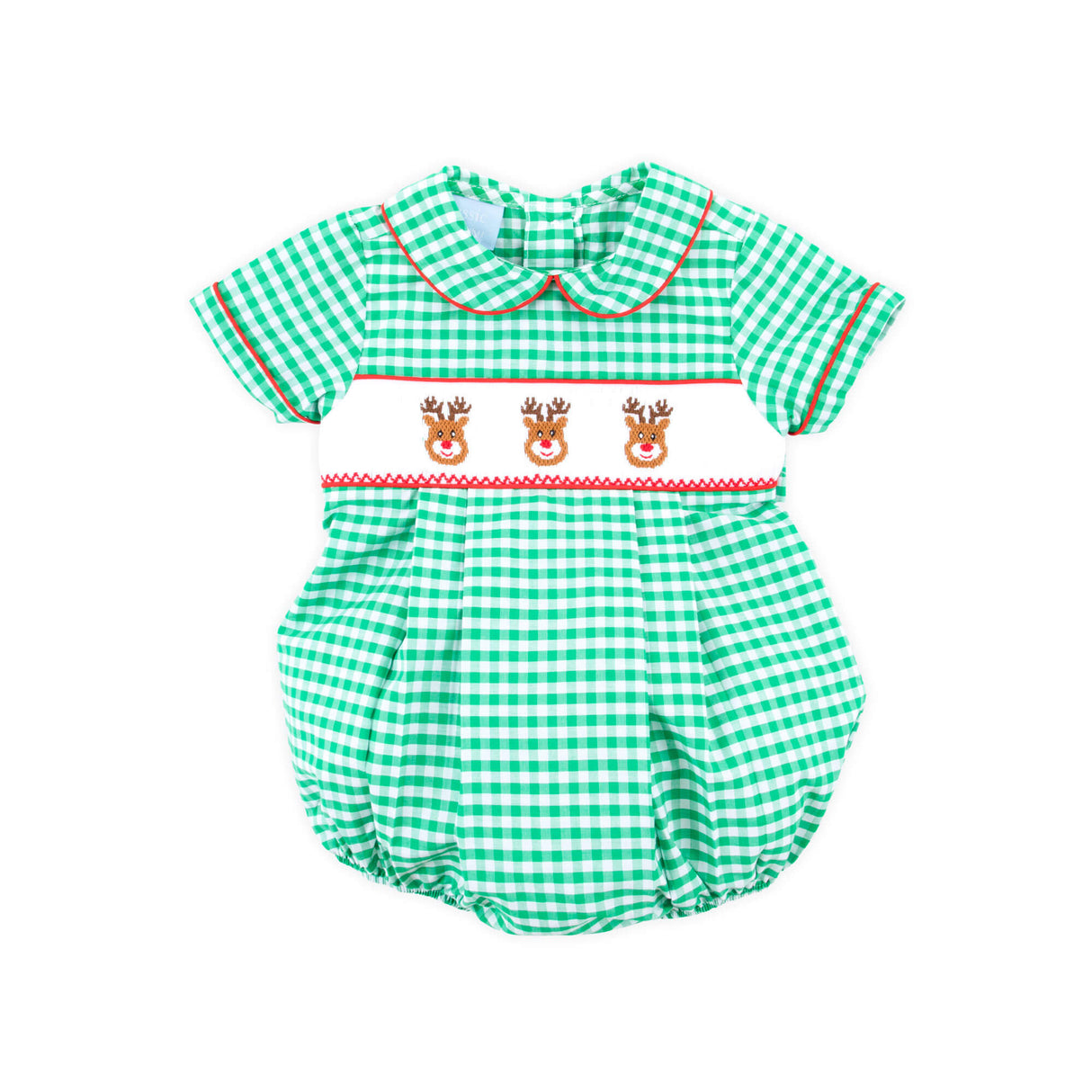 Reindeer Smocked Green Gingham Collared Bubble