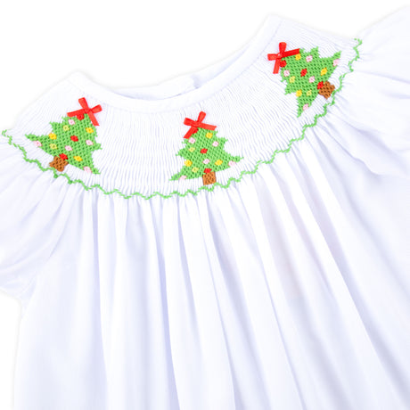 Christmas Tree White Pique Bishop Dress